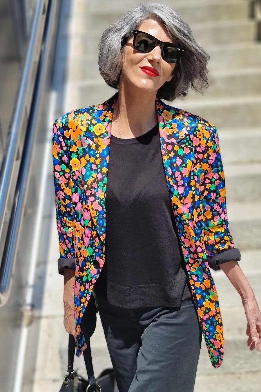 Floral Blazer with Dark Jeans, classic casual outfit for women over 70