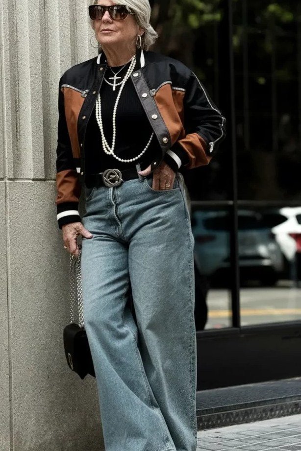 Colorblock Moto Jacket with Wide-Leg Jeans - chic casual outfit for women over 50