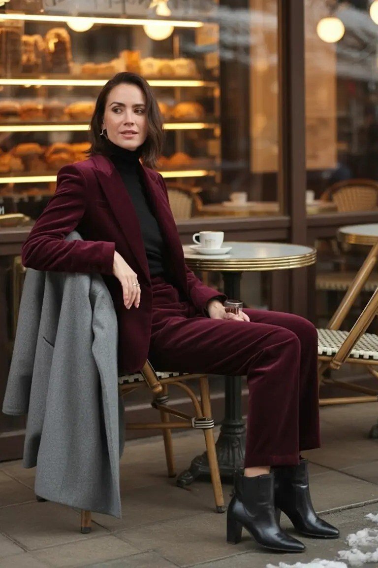 burgundy double breasted blazer trousers black turtleneck women over 50