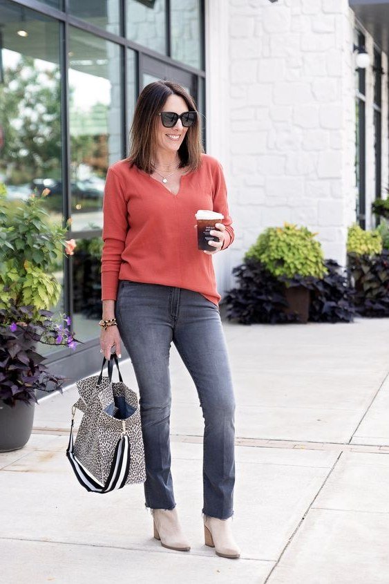 Rust sweater grey jeans rust sweater grey jeans white ankle boots 40s - fall outfit idea for women over 40
