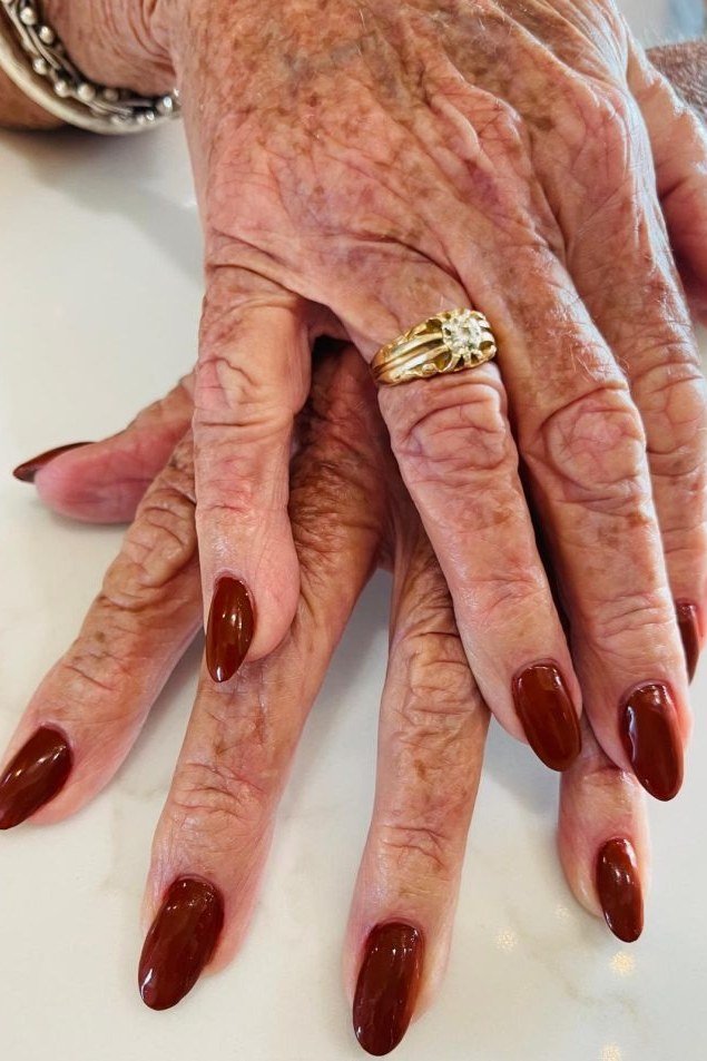 Deep Wine Burgundy Almond gel nails for women over 60