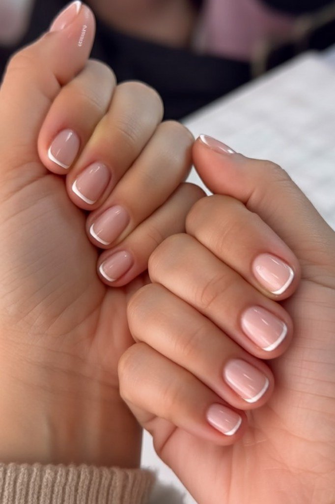 Sheer Pink, Curled Hands - short nude nail idea for women over 50