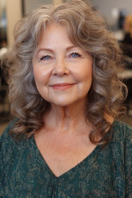 Silver curly medium front view, smiling - curly hairstyle for women over 60