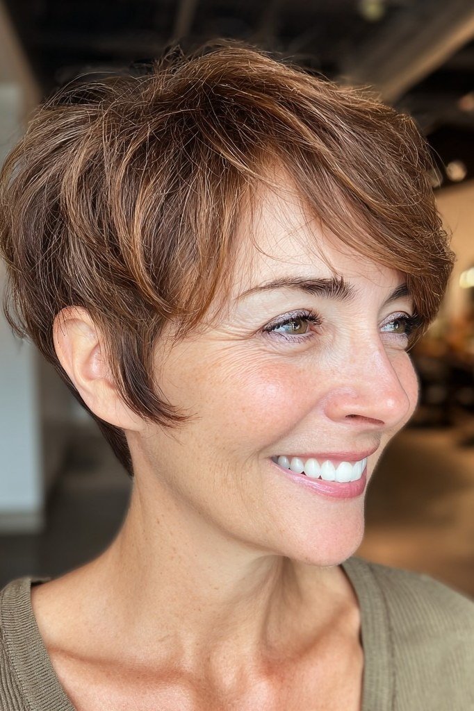 Auburn Shaggy Pixie with a Smile - sassy hairstyle for older women