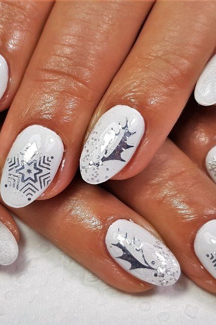 White Nails with Silver Snowflake Art for women over 60