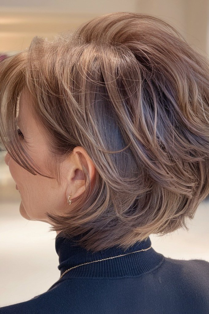 mauve-brown layered bob, side-back view — chin-length layered bob hairstyle for women over 50