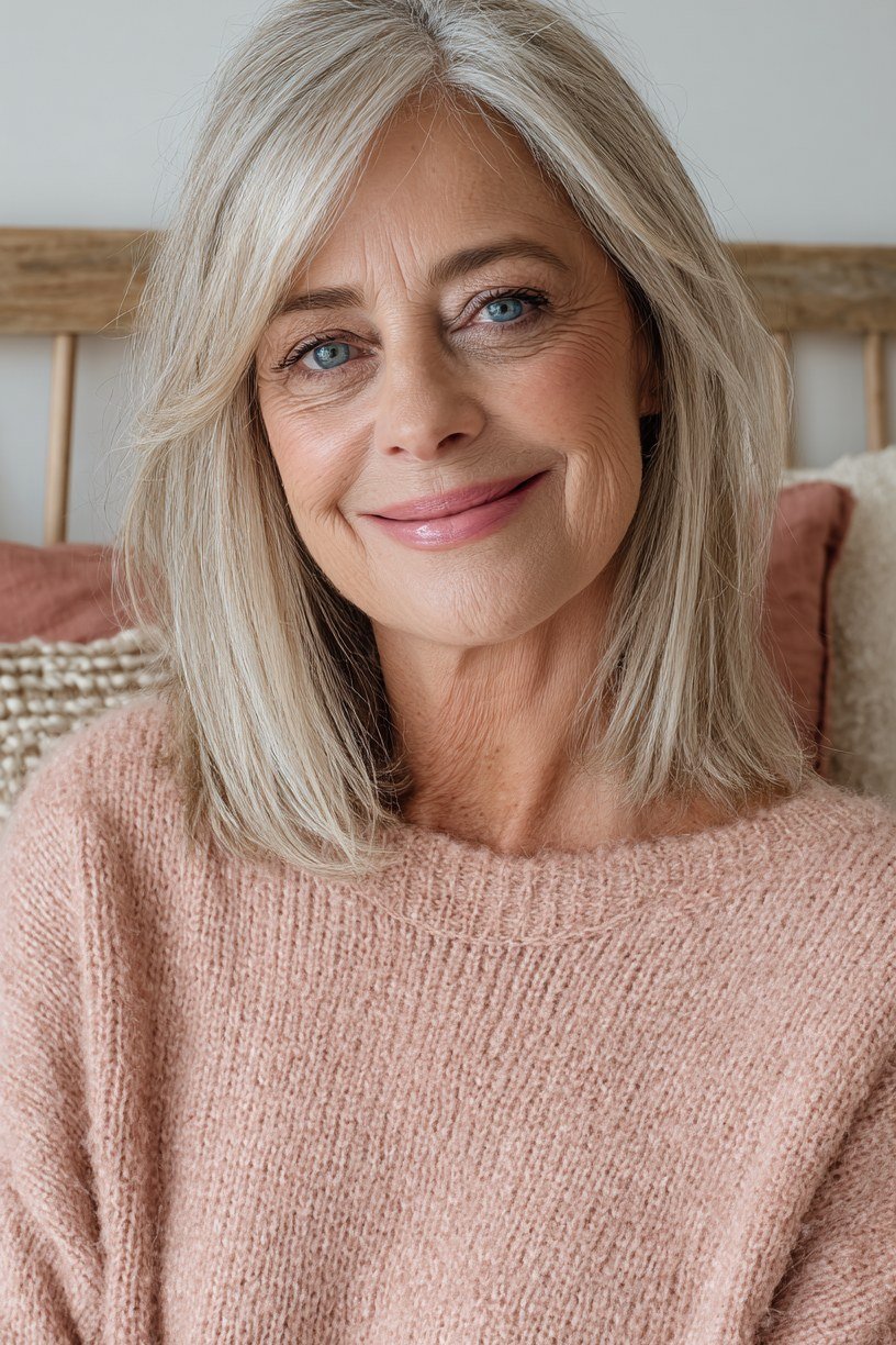 Sleek Blonde Lob - layered lob hairstyle for women over 60