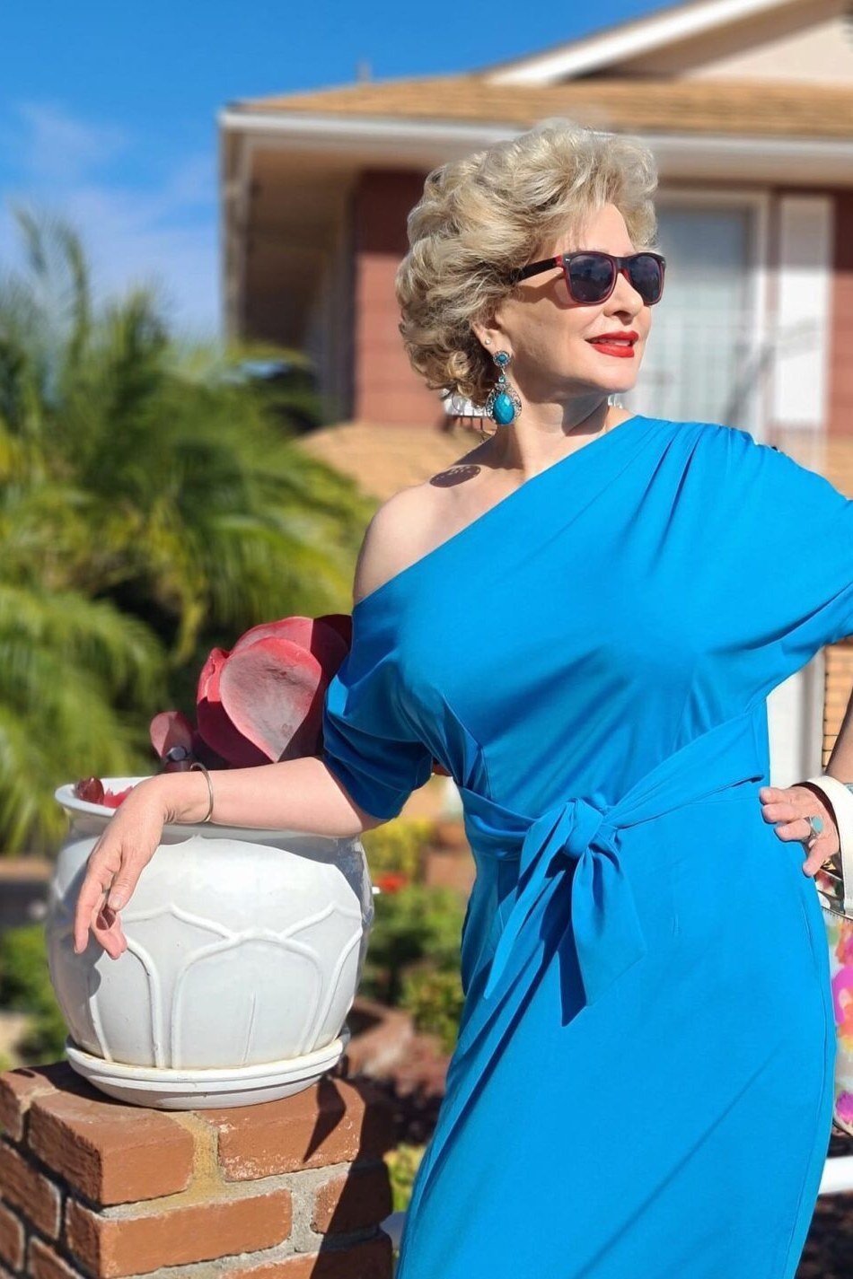Breezy summer dress for women over 60: cobalt blue one-shoulder dress