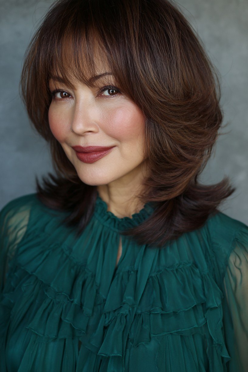 Dark Brown Butterfly Cut with Bangs - butterfly cut hairstyle for women over 60
