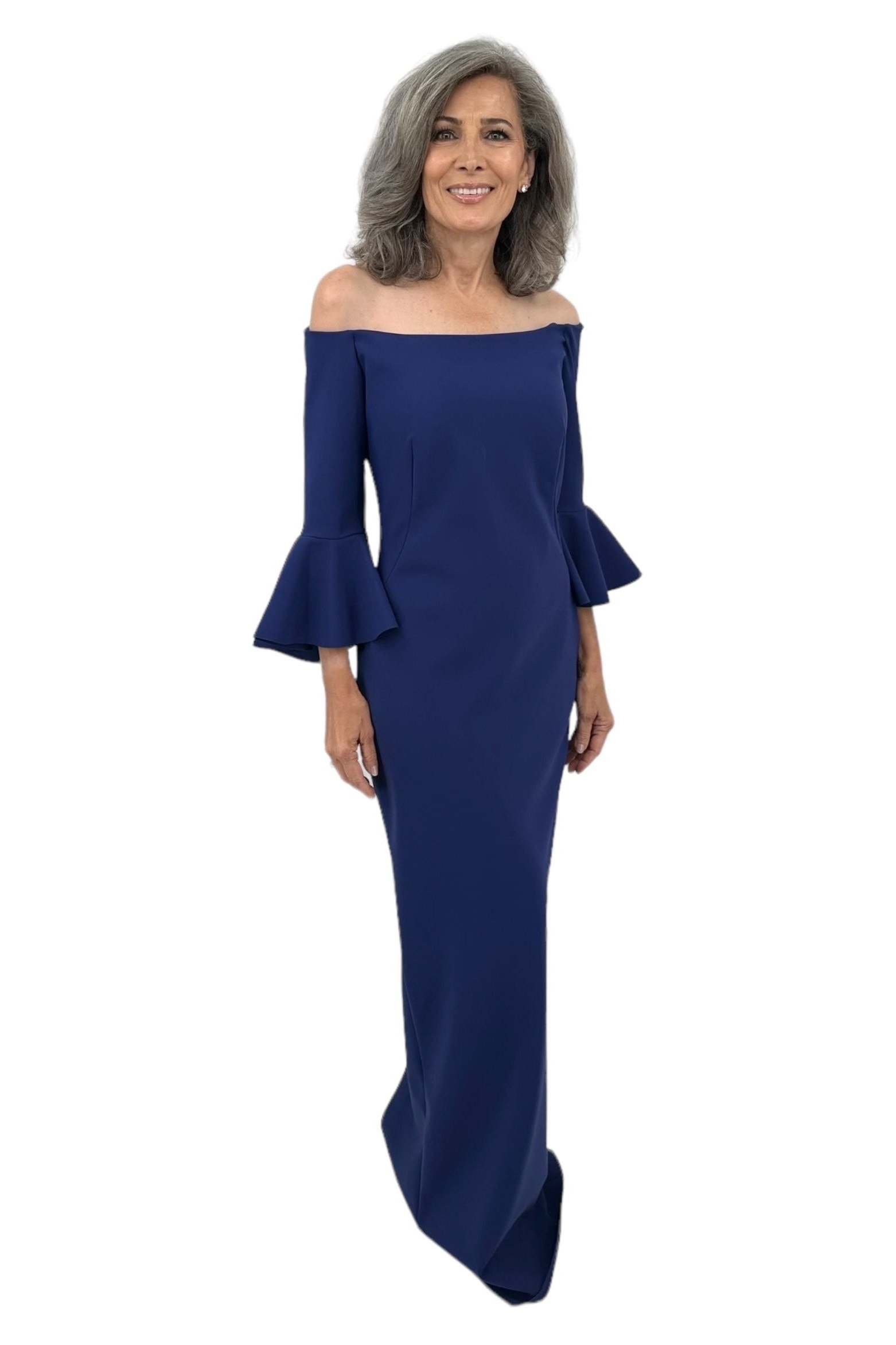 royal blue off-shoulder gown with bell sleeves