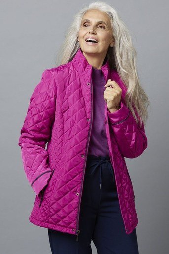 Fuchsia quilted jacket outfit for women over 60
