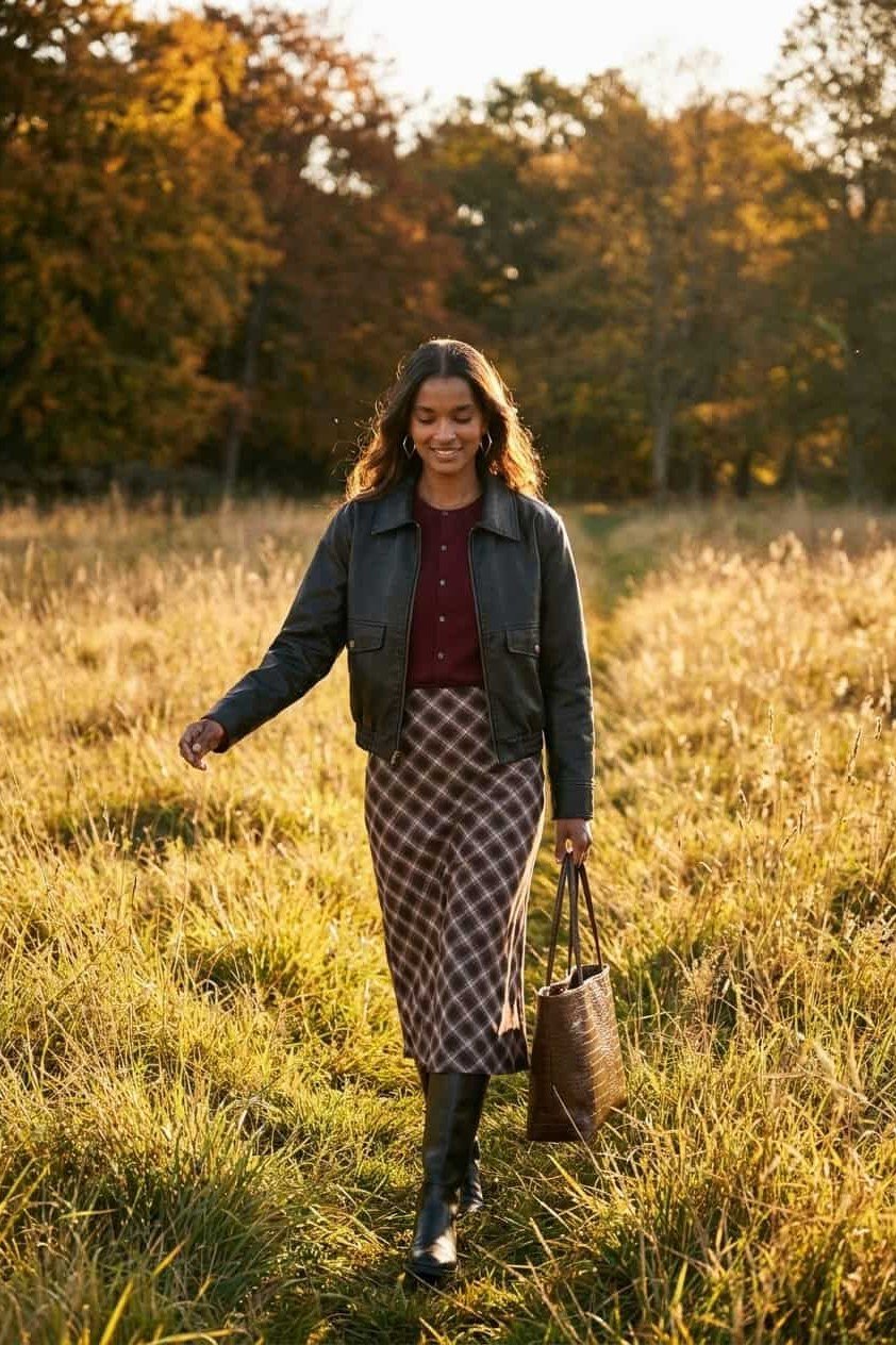 Black Sweater with Plaid Trousers on a woman over 50, fall outfit idea