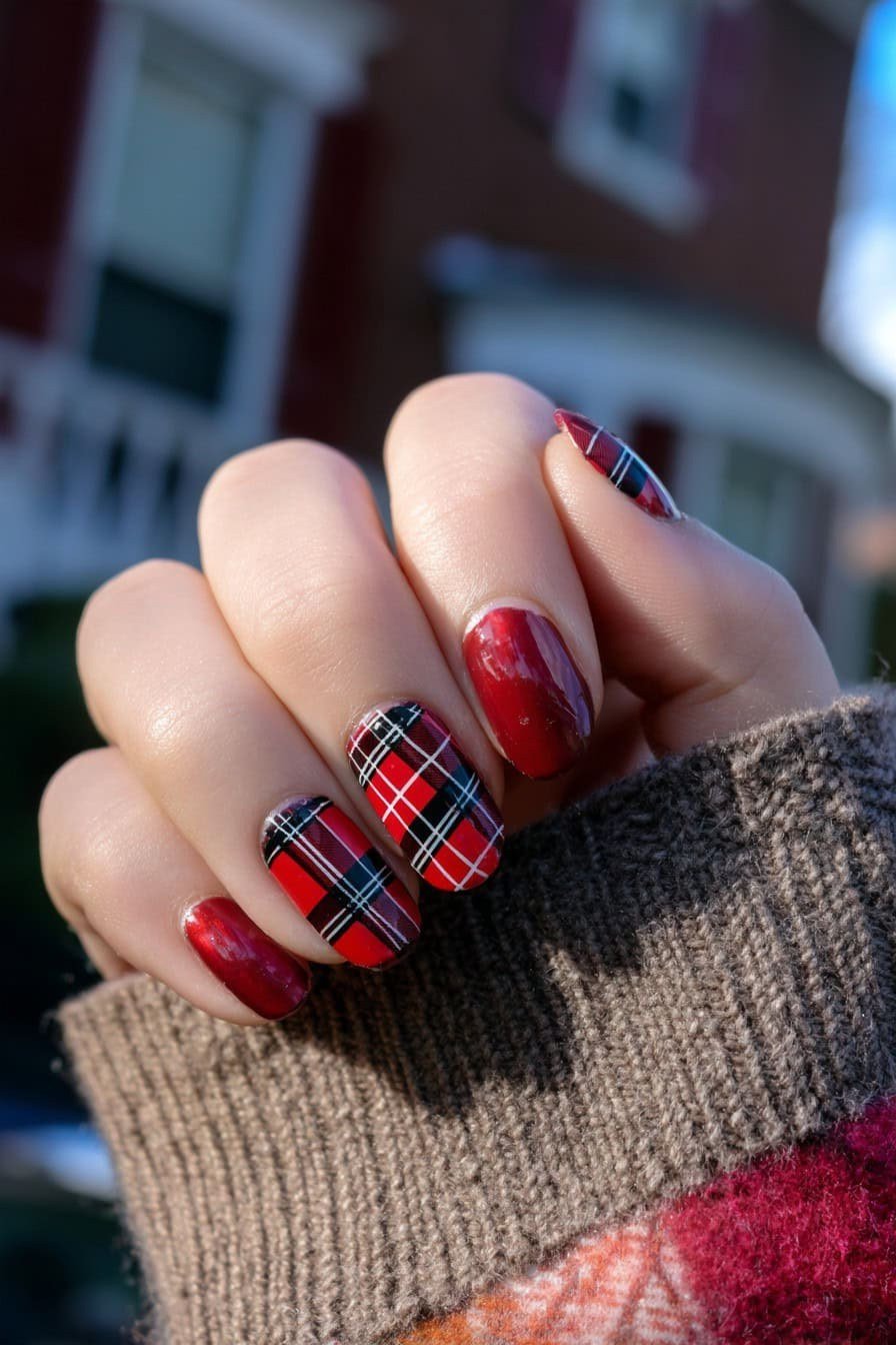Red Plaid Nails with Street Background, fun winter nail idea for women over 60