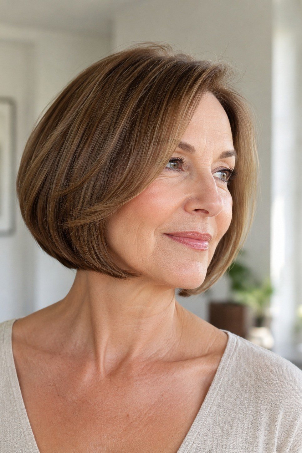 Chestnut Sleek Bob - trendy layered bob hairstyle for women over 50