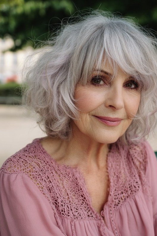Outdoor White Bob with Bangs - short wavy bob hairstyle for women over 60