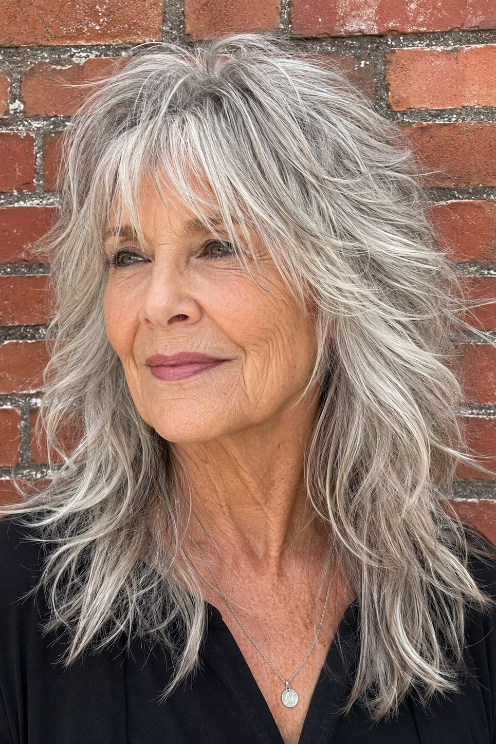 Wavy silver-gray textured hair on an older woman against a brick wall, medium hairstyle for women over 60