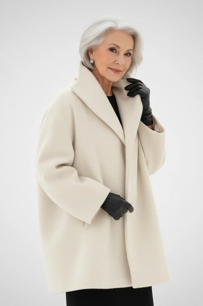 Cream teddy coat with black gloves for women over 50 at work