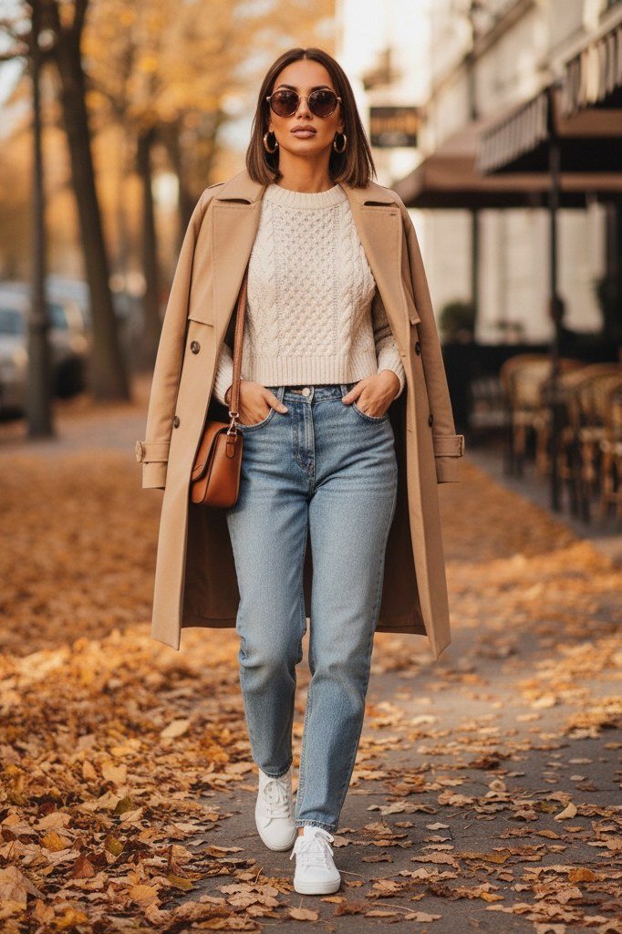 Camel Coat with Light Wash Jeans - fall outfit for women over 40