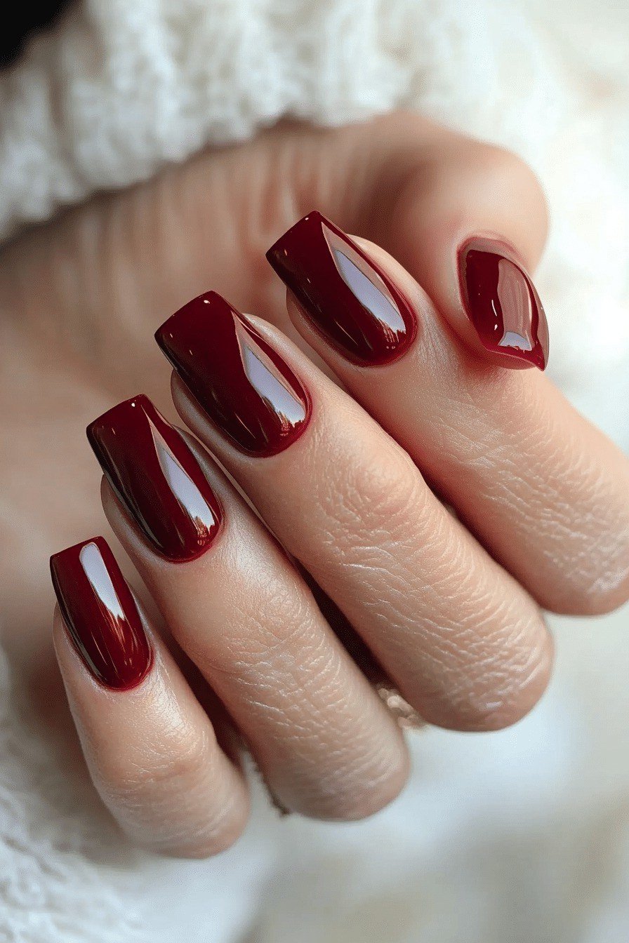 Cherry red squoval nails with a mirror-like glossy finish, bold fall classic.