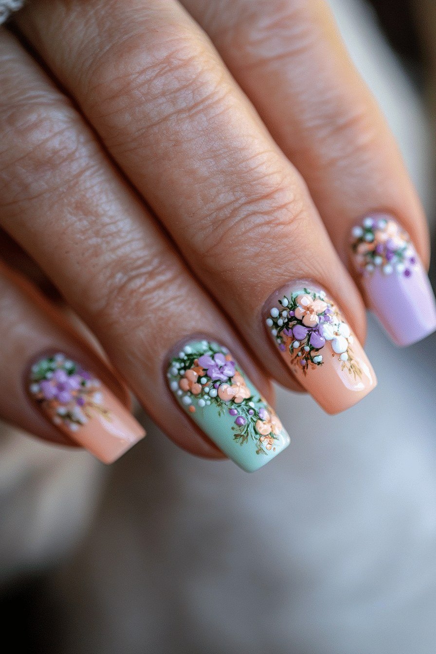 pastel floral nail art almond nails