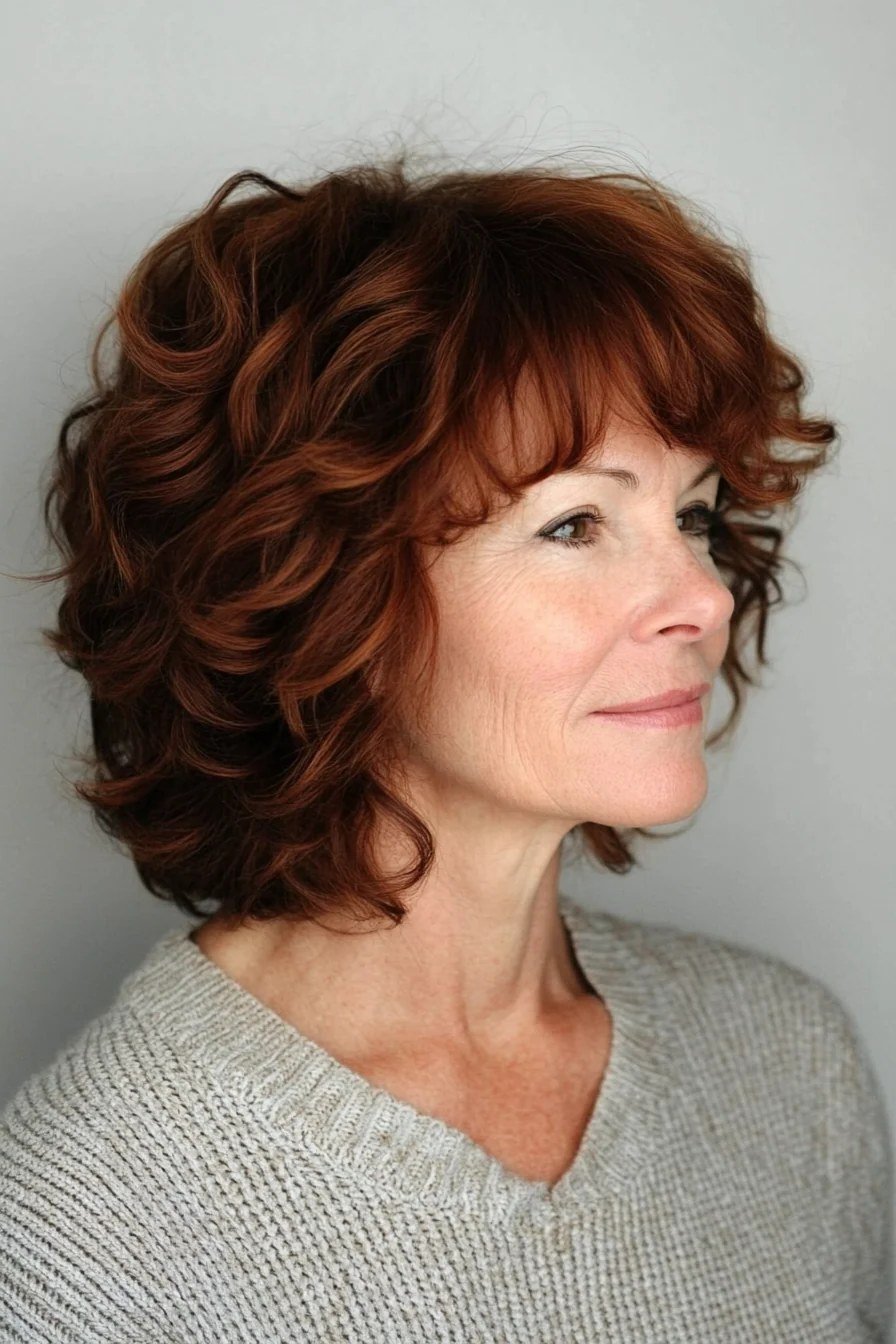 Auburn curly bob side view for women over 60