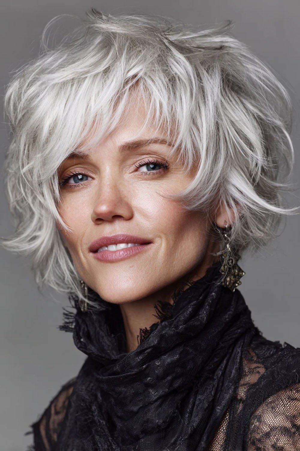White shaggy bob haircut with gentle layers for older women