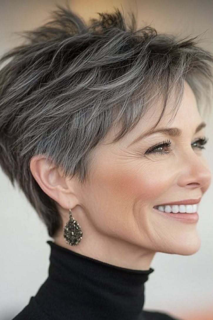 Salt-and-pepper spiky pixie, laughing three-quarter view, micro pixie cut for women over 60 going silver