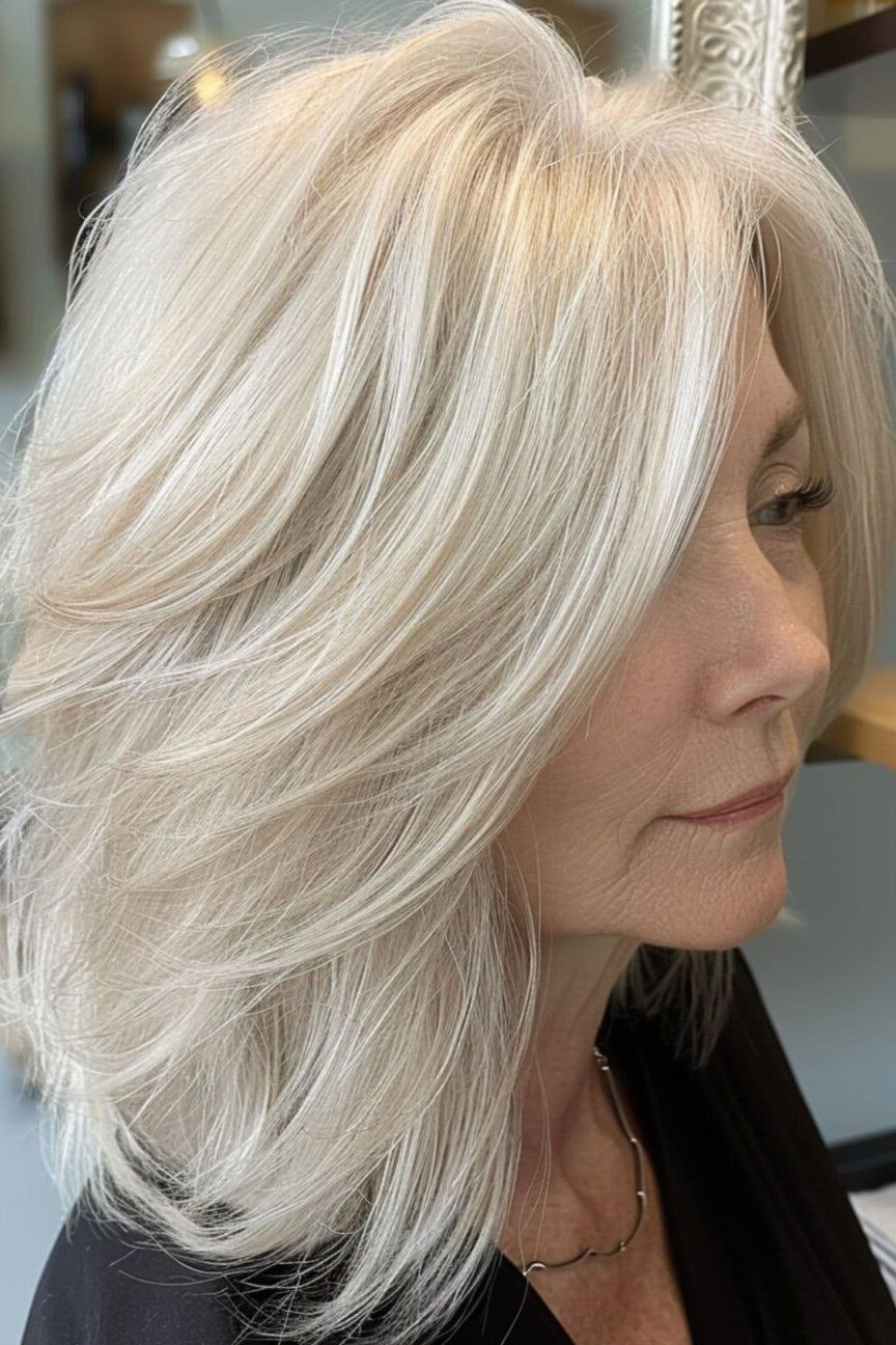 Crisp white straight layered medium-length hairstyle, side view, for women over 50