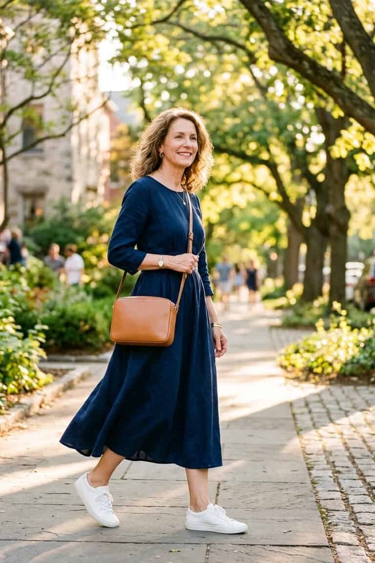 Woman over 50 wearing Navy midi dress with white sneakers in a park.