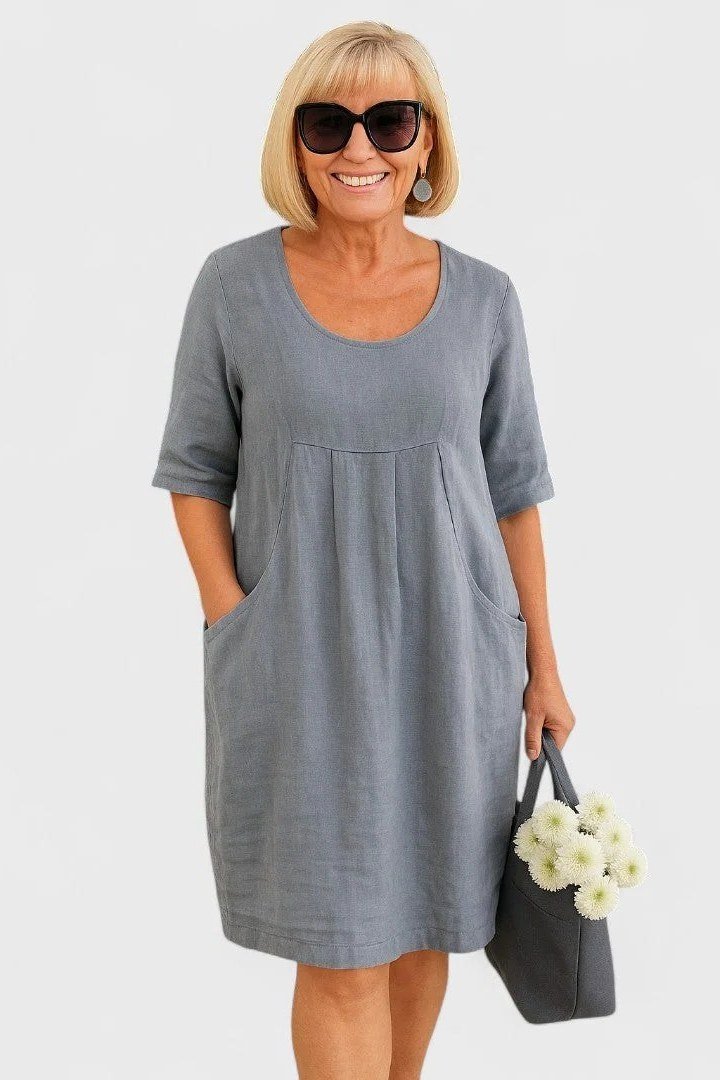 Grey Blue Empire Waist Midi summer outfit idea for women over 60