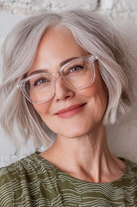 Silver french bob with soft bangs and glasses