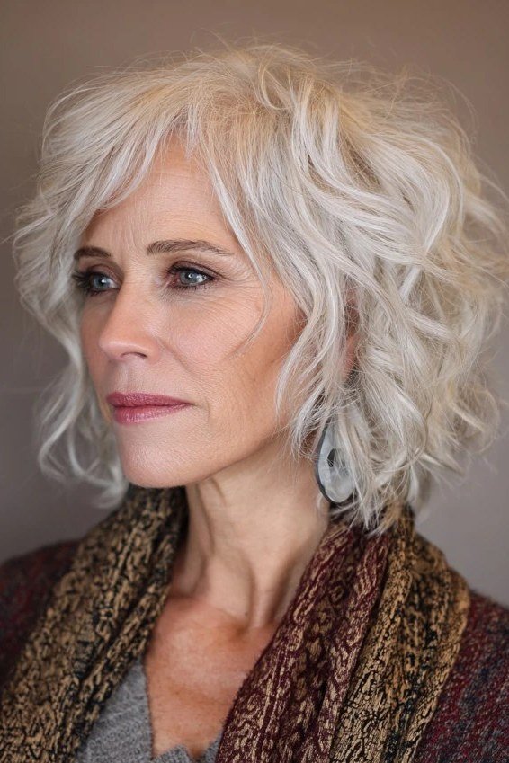 White wavy shaggy layered bob, side view, white wavy bob haircut for women over 50