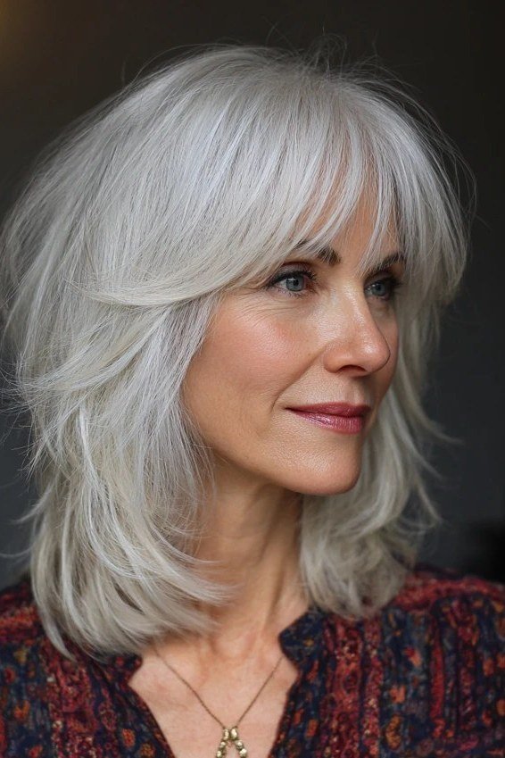 White Shag with Bangs - grey hairstyle for women over 60