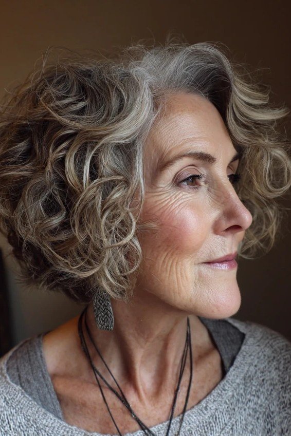 Grey Curly Bob With Soft Waves - short curly hairstyle for women over 60