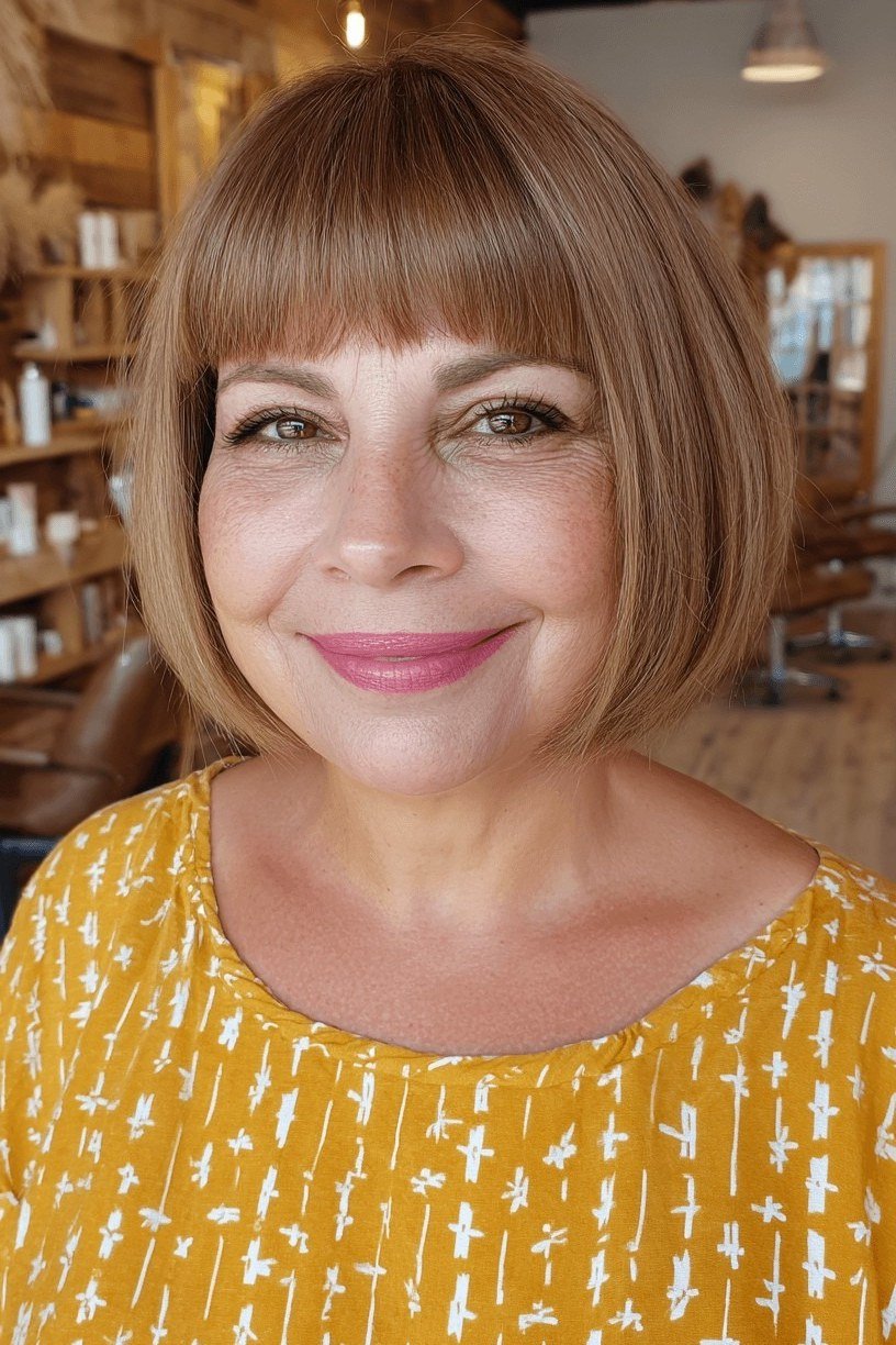 light brown bob with bangs, front view for women over 50