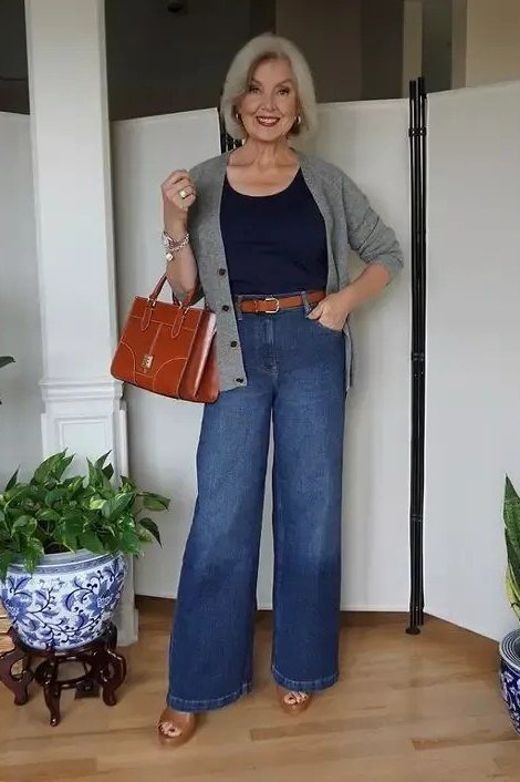 gray cardigan navy top wide leg jeans fall outfit over 50