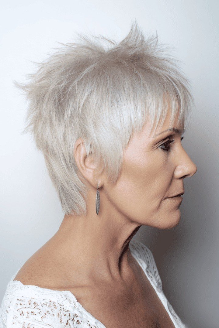 White spiky feathered pixie, tapered nape, side view for women over 60