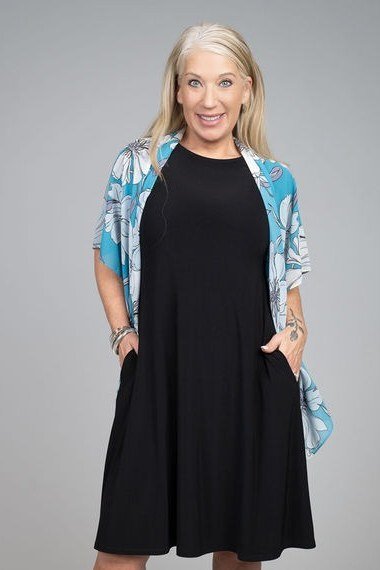 black dress with blue kimono for women over 60