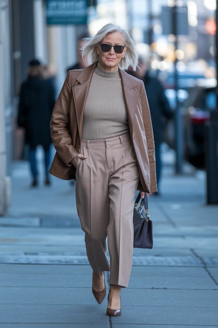 Older woman wearing a brown leather jacket with taupe trousers and heels