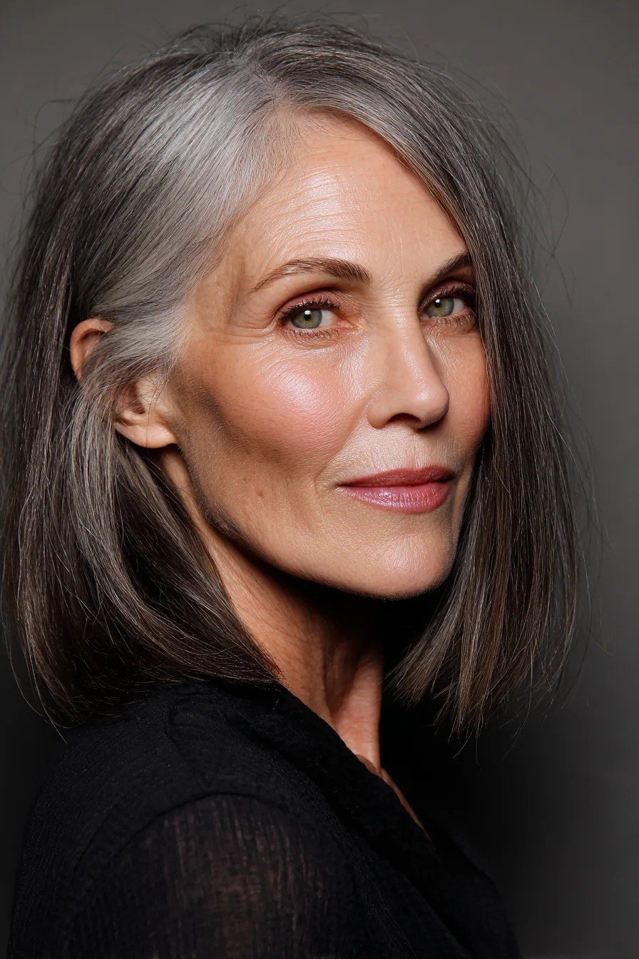 Long dark silver straight lob for women over 60