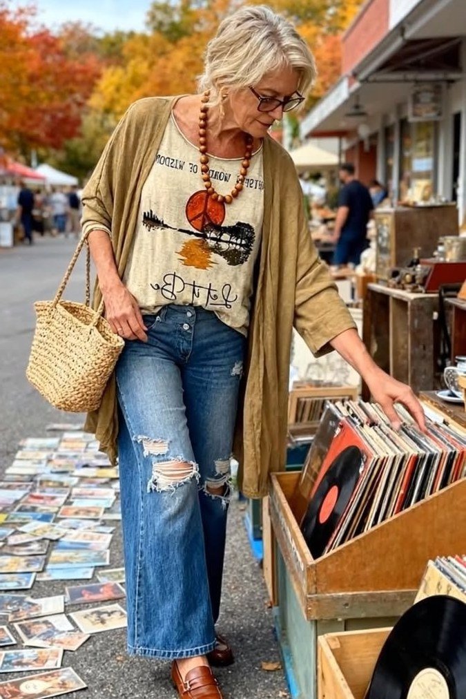 Casual fall outfit for women over 60: forest green quilted jacket, grey jeans, brown boots