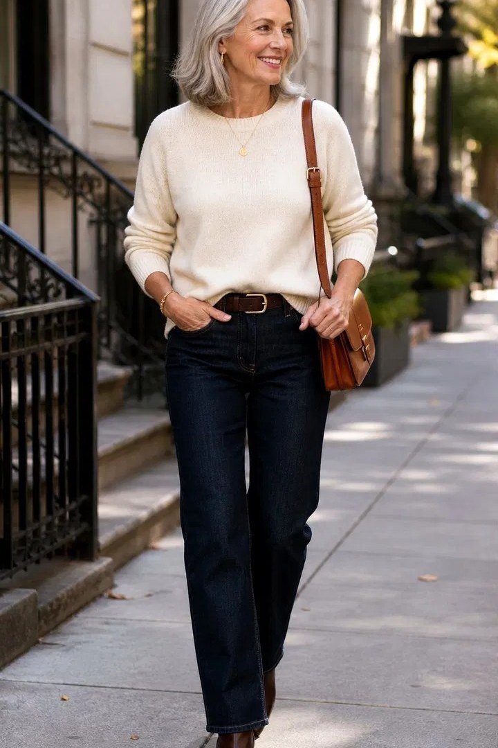 Woman over 60 wearing cream sweater, dark jeans, crossbody bag, city street