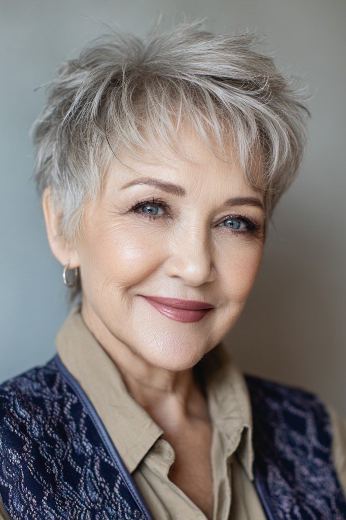 Neat Grey Layered Pixie, layered hairstyle for women over 70