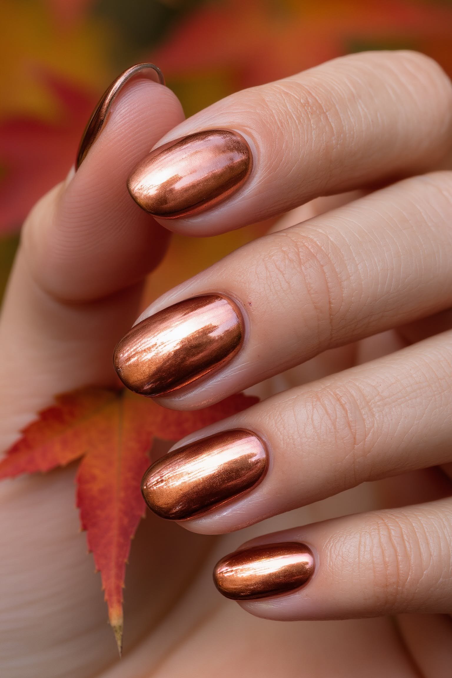 Copper chrome metallic, almond shape, medium length, glossy, hand holding red maple leaf, fall nail color for women over 40