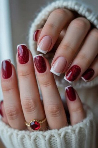 Burgundy and nude french mix, white sweater - Christmas nail design for older women