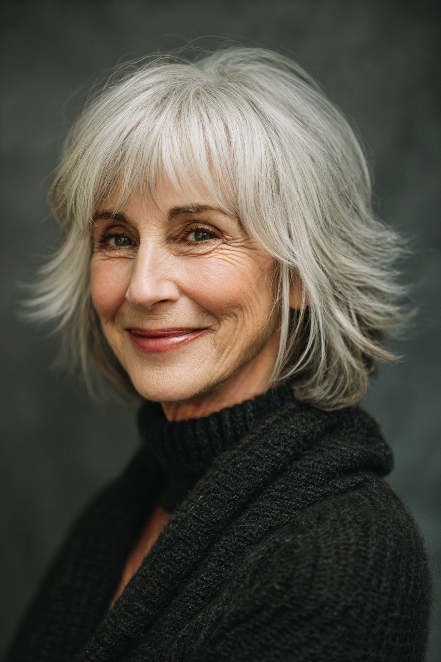 white shag, front view, medium length hairstyle for women over 60