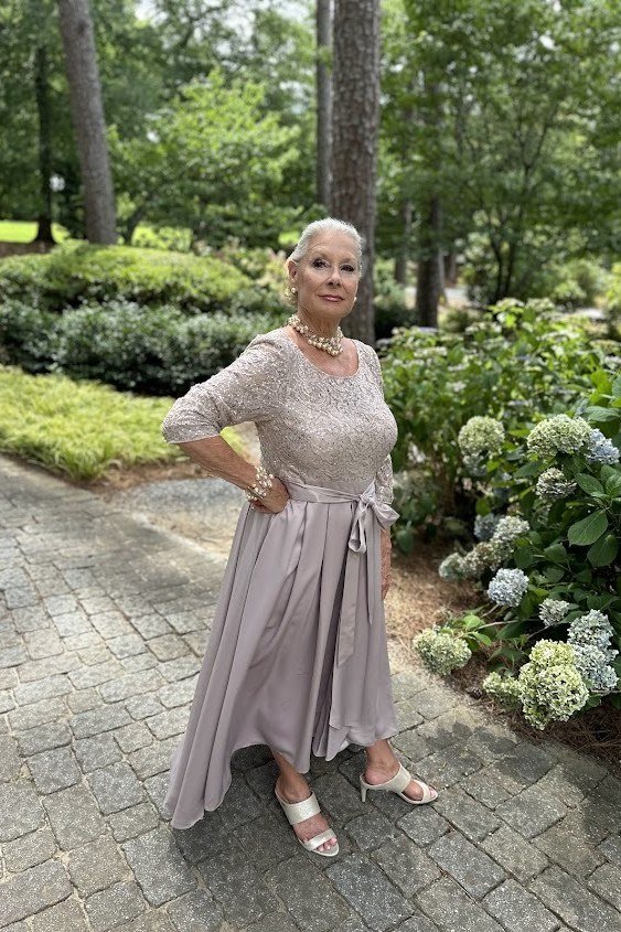 Taupe Lace Gown with Sash Waist - evening outfit for women over 60