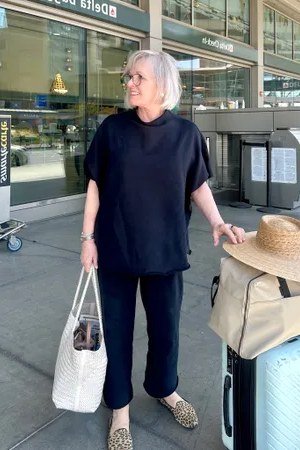 Navy Travel Set and Straw Hat outfit for women over 70, chic style idea 47