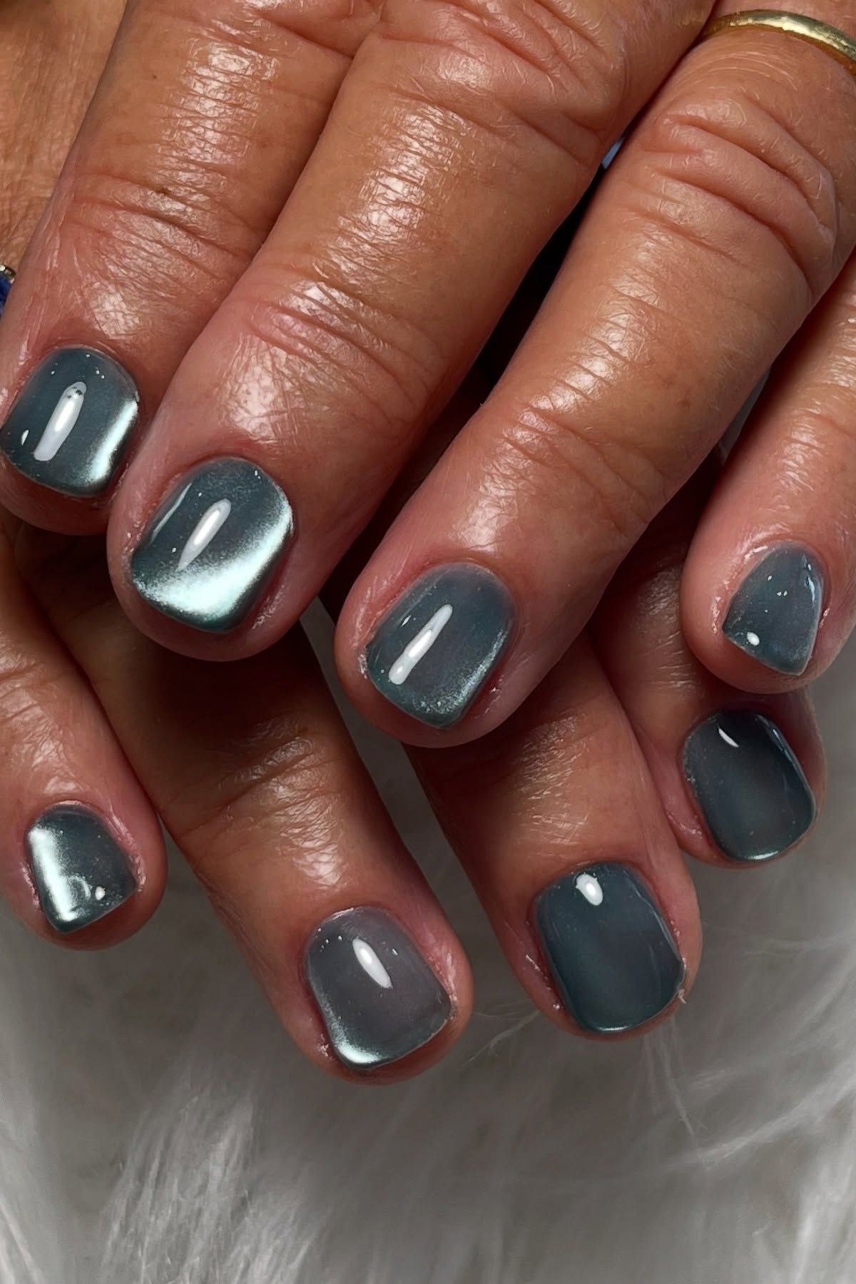 Metallic Gray Blue Short Nails - short nail design for women over 40