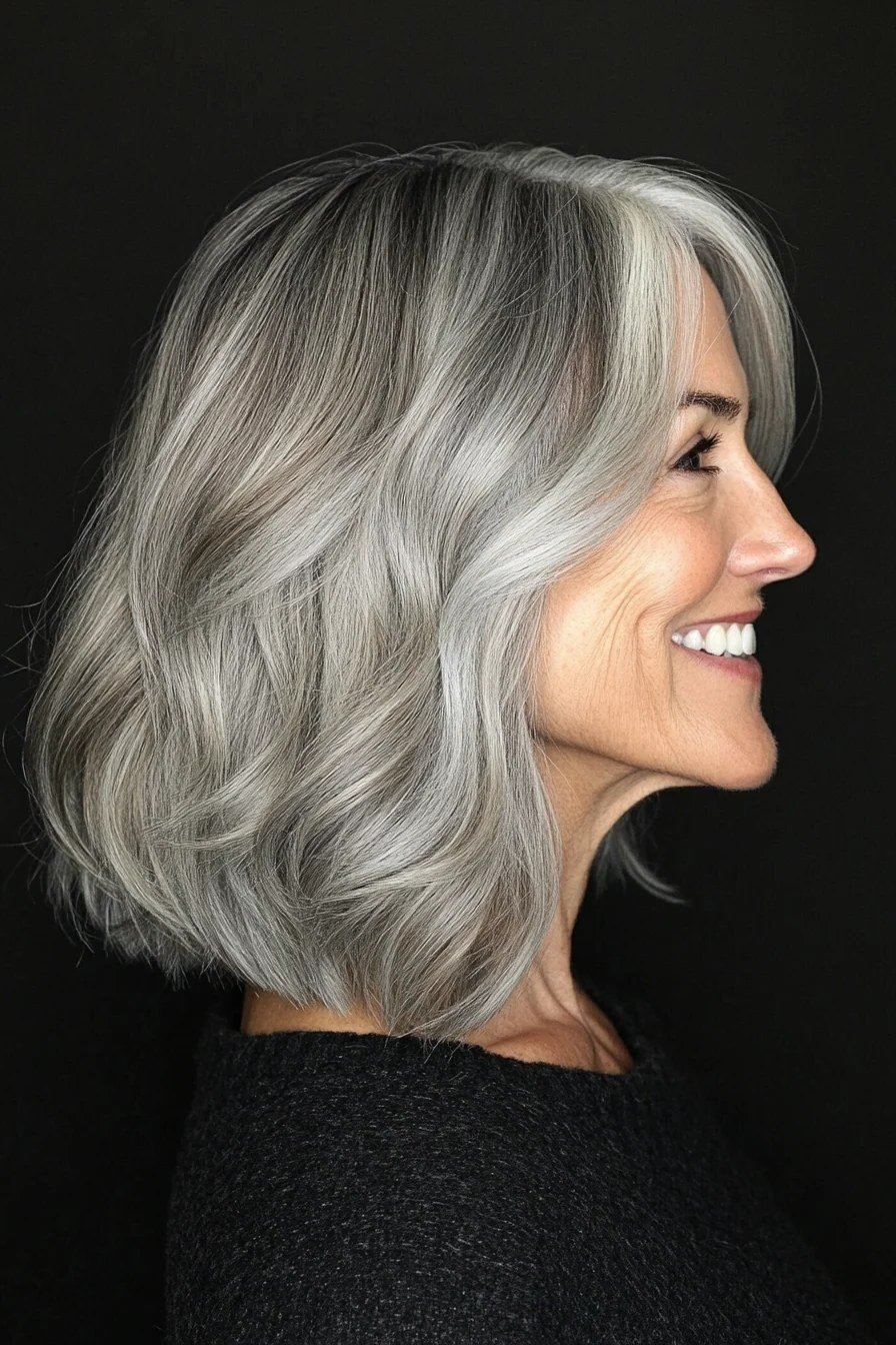 Gray collar length shaggy lob for women over 60, side profile